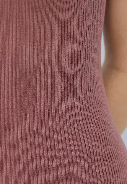 NEW210126 Ribstof Jurk met Enkele Mouw in Oudroze