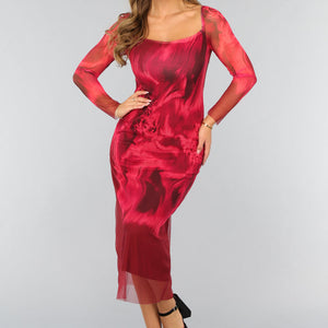 SALE30 Rode Longsleeve Mesh Jurk met Marble Print