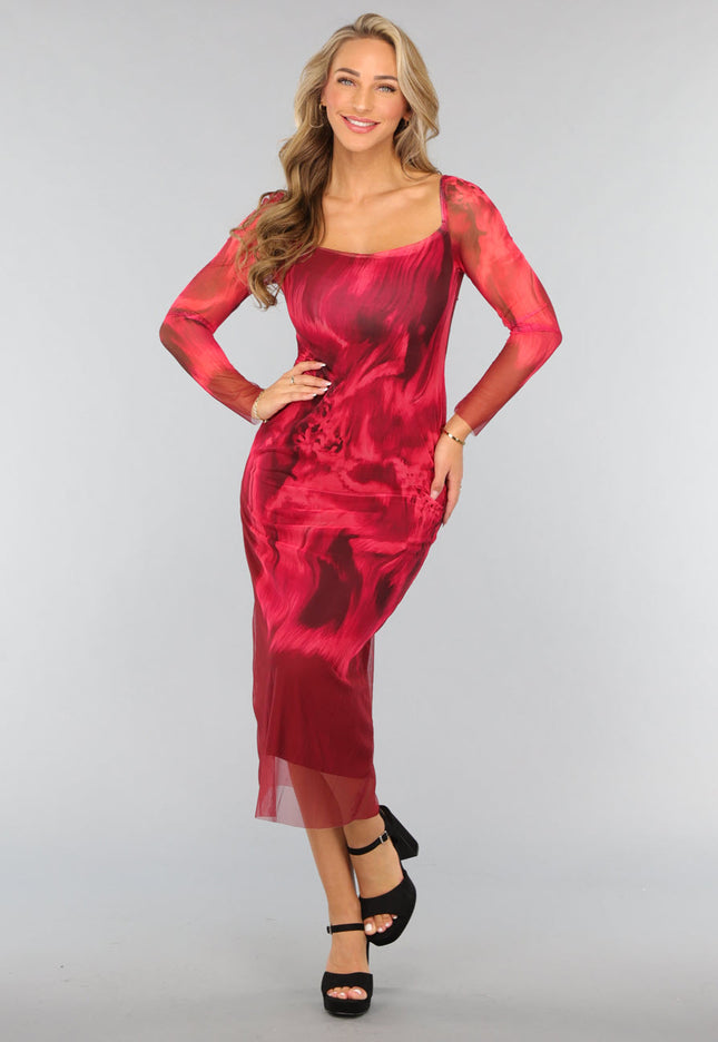 SALE30 Rode Longsleeve Mesh Jurk met Marble Print