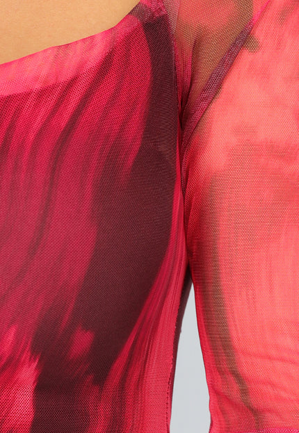 SALE30 Rode Longsleeve Mesh Jurk met Marble Print