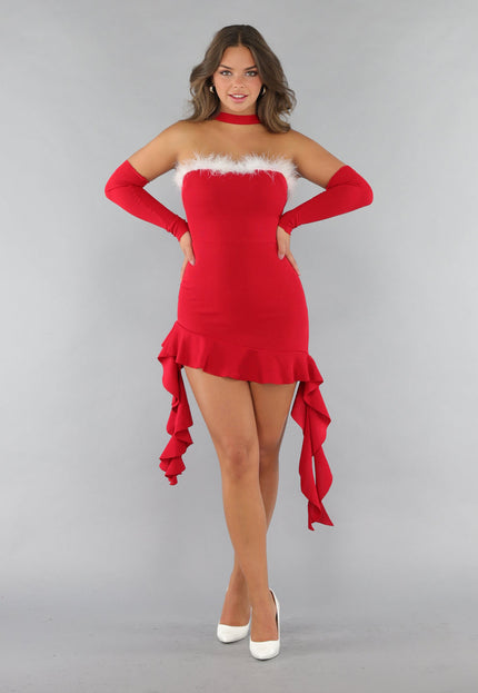 SALE30 Rode Ribstof Ruffle Kerst Jurk