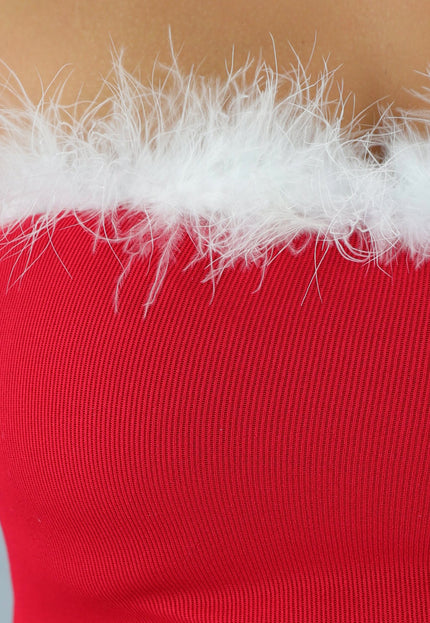 SALE30 Rode Ribstof Ruffle Kerst Jurk