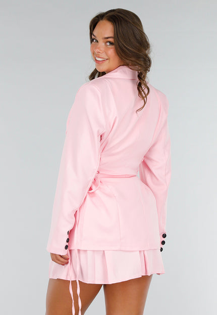 SALE30 Roze Blazer Rok Set met Korsetveters en Hoge Taille
