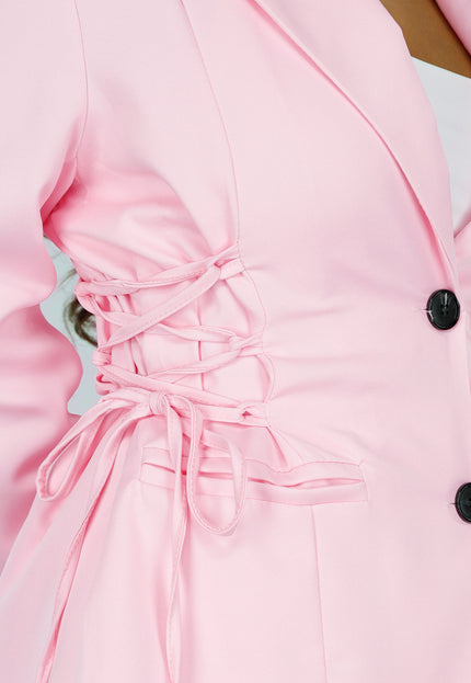 SALE30 Roze Blazer Rok Set met Korsetveters en Hoge Taille