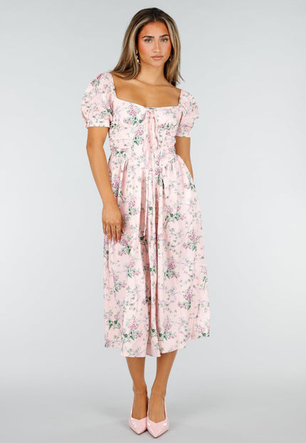 SALE30 Roze Midi Jurk met Bloemenprint