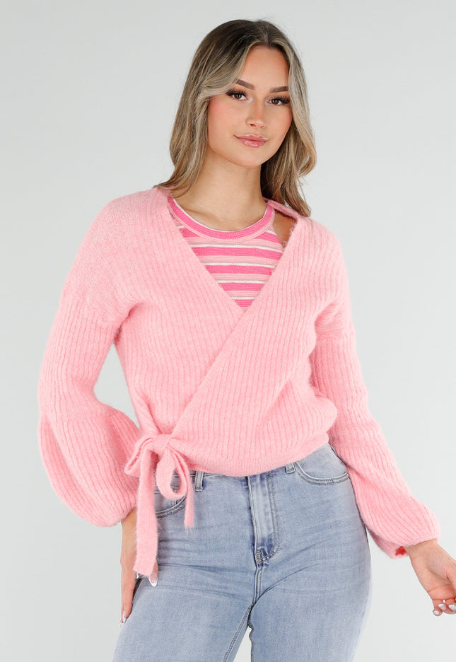SALE30 Roze Overslag Vest met Strikdetail