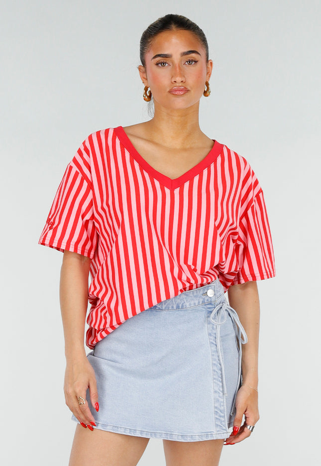 SALE30 Roze Rode Gestreepte Oversized T-shirt