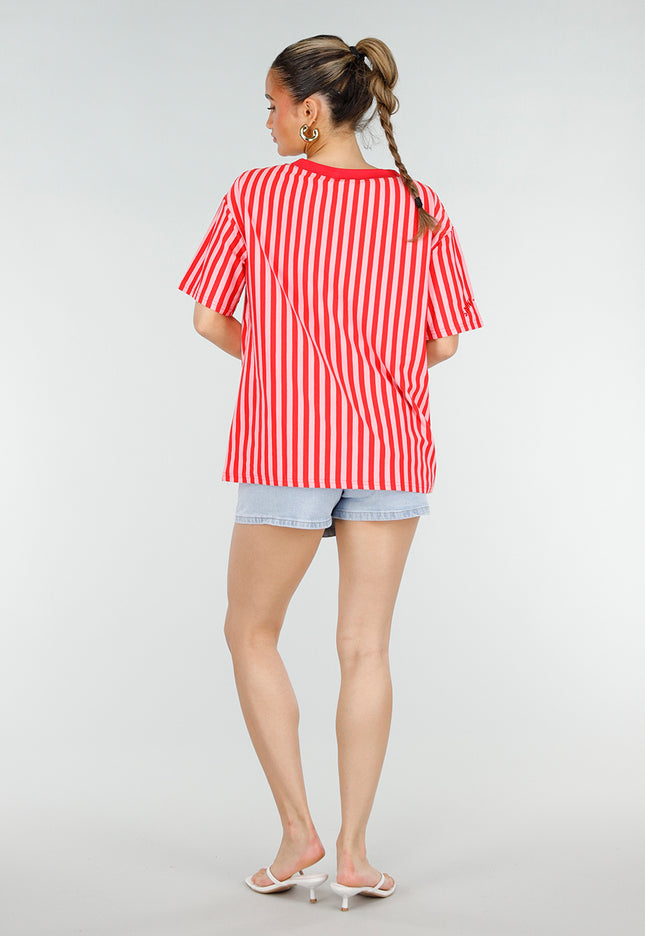 SALE30 Roze Rode Gestreepte Oversized T-shirt