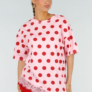 SALE30 Roze T-Shirt met Rode Stippen en Kant
