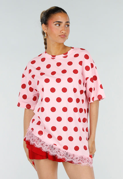 SALE30 Roze T-Shirt met Rode Stippen en Kant