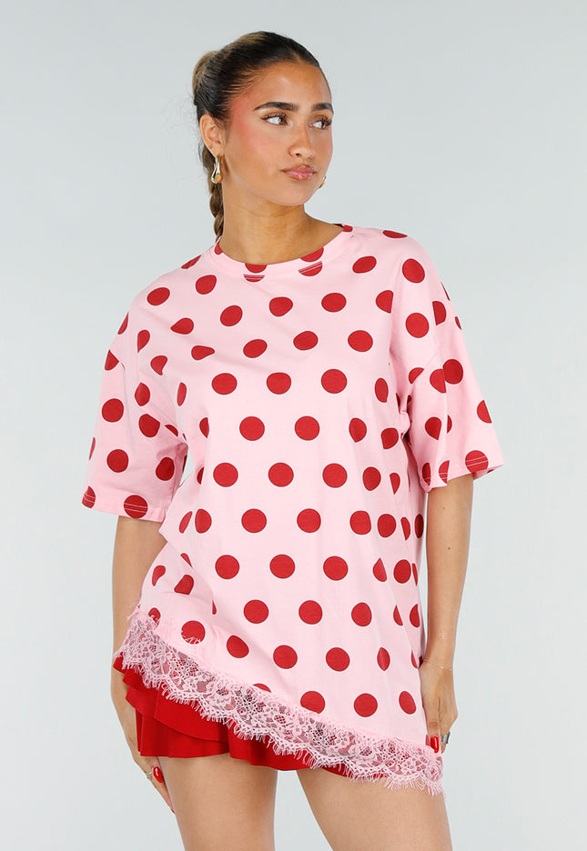SALE30 Roze T-Shirt met Rode Stippen en Kant