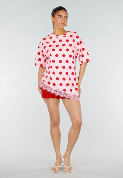 SALE30 Roze T-Shirt met Rode Stippen en Kant