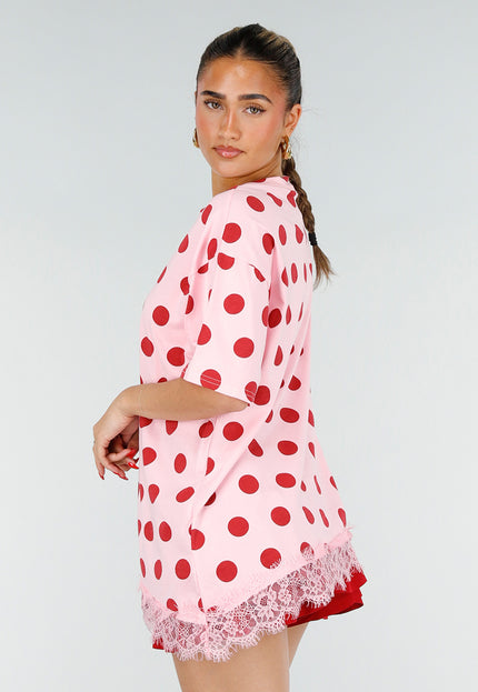 SALE30 Roze T-Shirt met Rode Stippen en Kant