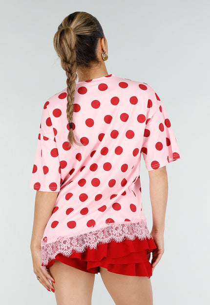 SALE30 Roze T-Shirt met Rode Stippen en Kant