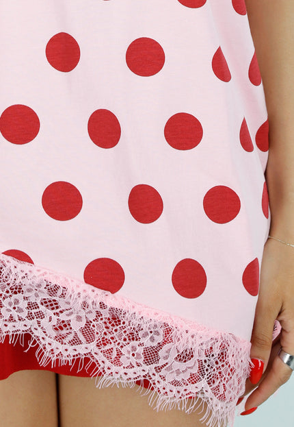 SALE30 Roze T-Shirt met Rode Stippen en Kant