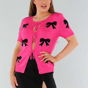 SALE30 Roze Top met Strikjes en Gebreide Look