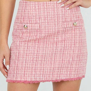 SALE30 Roze Tweed Mini Rok met Rafelrand
