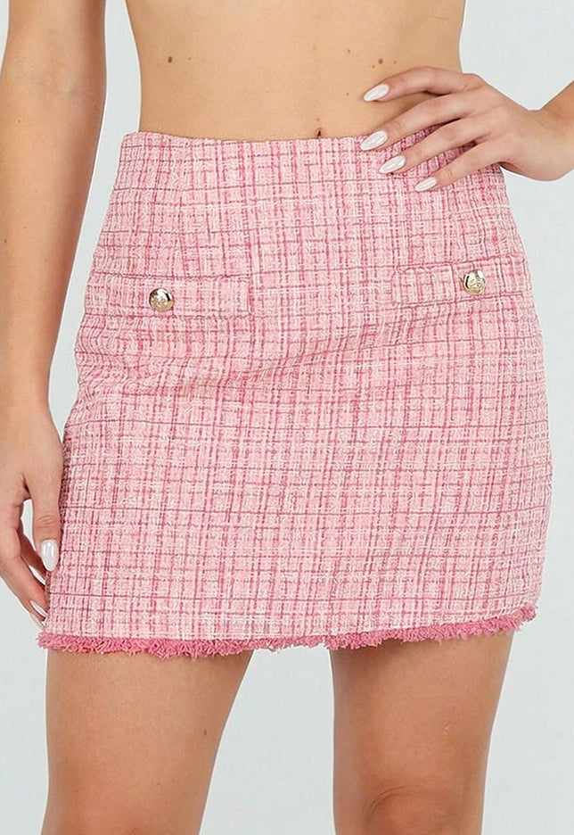 SALE30 Roze Tweed Mini Rok met Rafelrand
