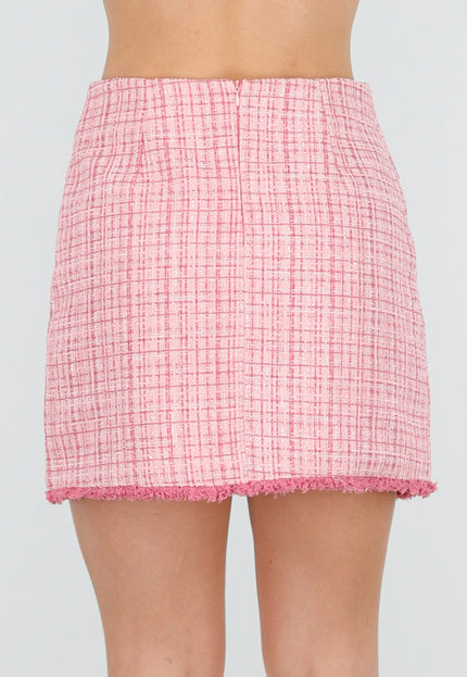 SALE30 Roze Tweed Mini Rok met Rafelrand