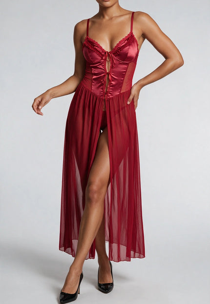 SALE30 Satijnen Rode Slipdress met Ruches