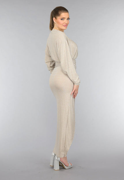 SALE30 Strass Maxi Jurk met Overslag Split in Champagne