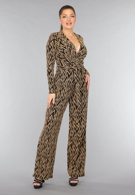 SALE30 Stretch Gouden Zigzag Jumpsuit met Wide Leg