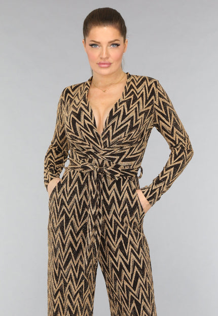 SALE30 Stretch Gouden Zigzag Jumpsuit met Wide Leg