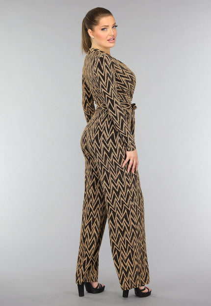 SALE30 Stretch Gouden Zigzag Jumpsuit met Wide Leg