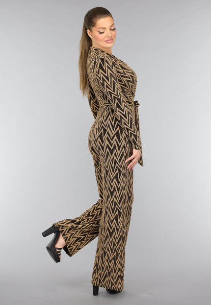 SALE30 Stretch Gouden Zigzag Jumpsuit met Wide Leg