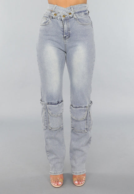 SALE30 Tall Blauwe Denim Cargo Jeans met Overslag Taille