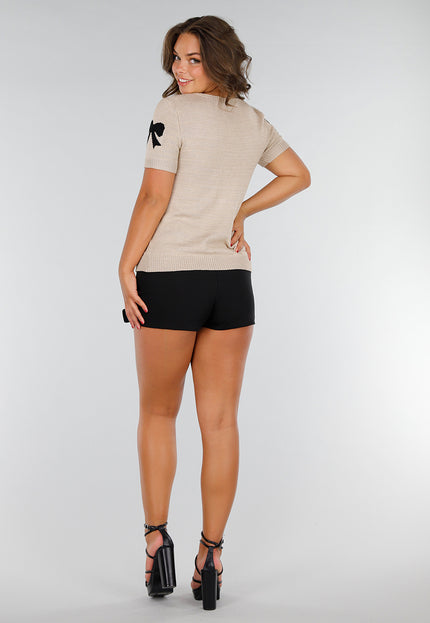 SALE30 Taupe Gebreide Top met Strikjesprint en Korte Mouwen