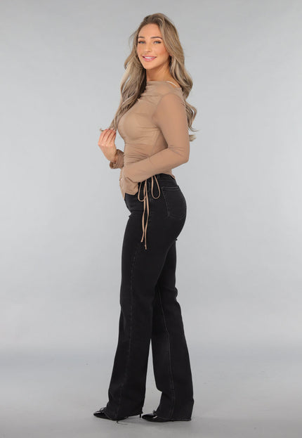 SALE30 Taupe Geplooide Mesh Top met Veterdetail
