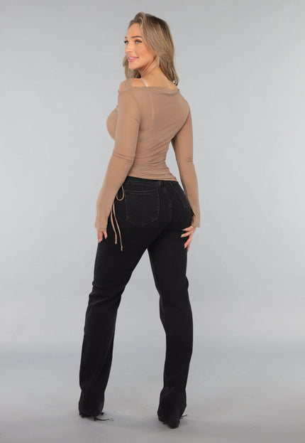 SALE30 Taupe Geplooide Mesh Top met Veterdetail