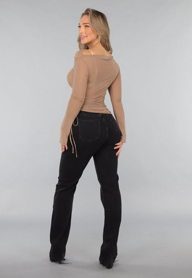 SALE30 Taupe Geplooide Mesh Top met Veterdetail
