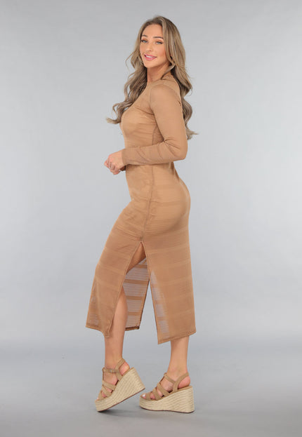 SALE30 Taupe Jurk met Knit Look en Onderjurk