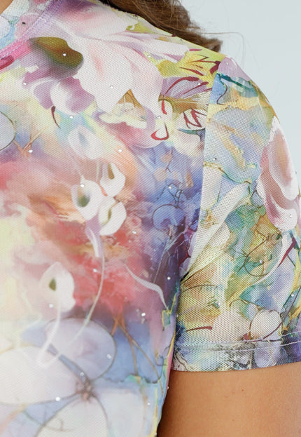 SALE30 Transparante Pastelkleurige Bloemenprint Bodysuit met Korte Mouwen