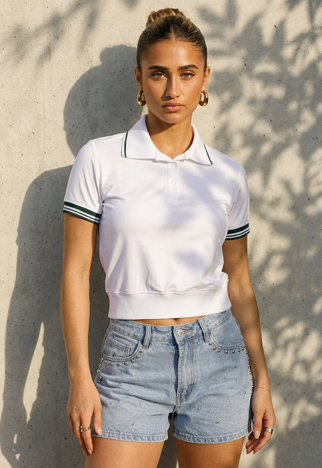 SALE30 Witte Cropped Polo met Strepen