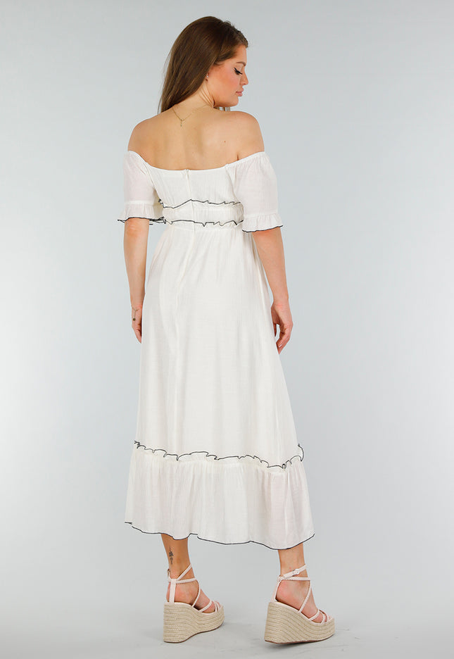 SALE30 Witte Off Shoulder Maxi Jurk met Ruffles en Stretch