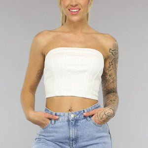 SALE30 Witte Strapless Denim Crop Top