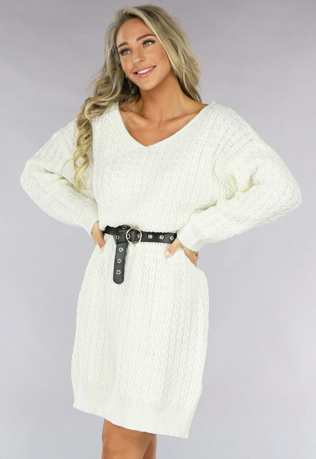 SALE30 Witte Trui Jurk met V Hals