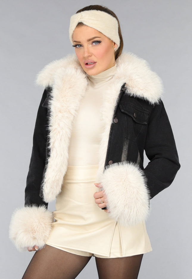 SALE30 Zwart Jeans Jasje met Bontkraag