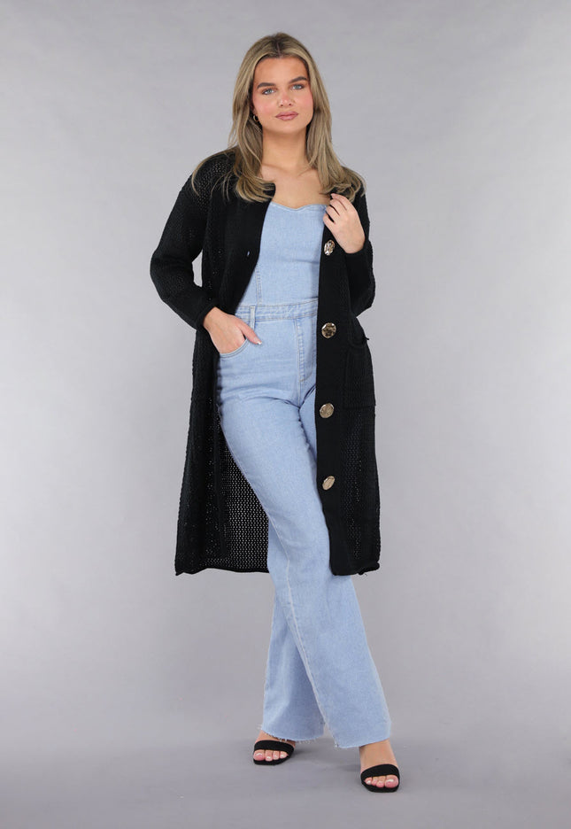 SALE30 Zwart Oversized Gebreid Vest met Grote Knopen