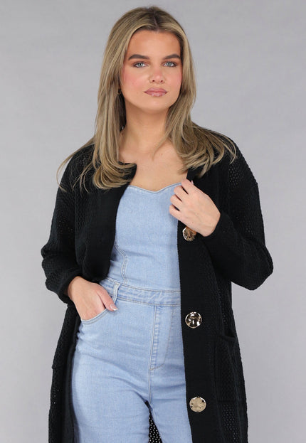 SALE30 Zwart Oversized Gebreid Vest met Grote Knopen