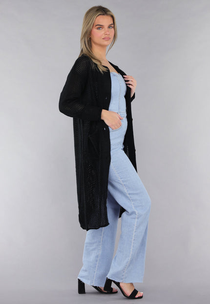 SALE30 Zwart Oversized Gebreid Vest met Grote Knopen
