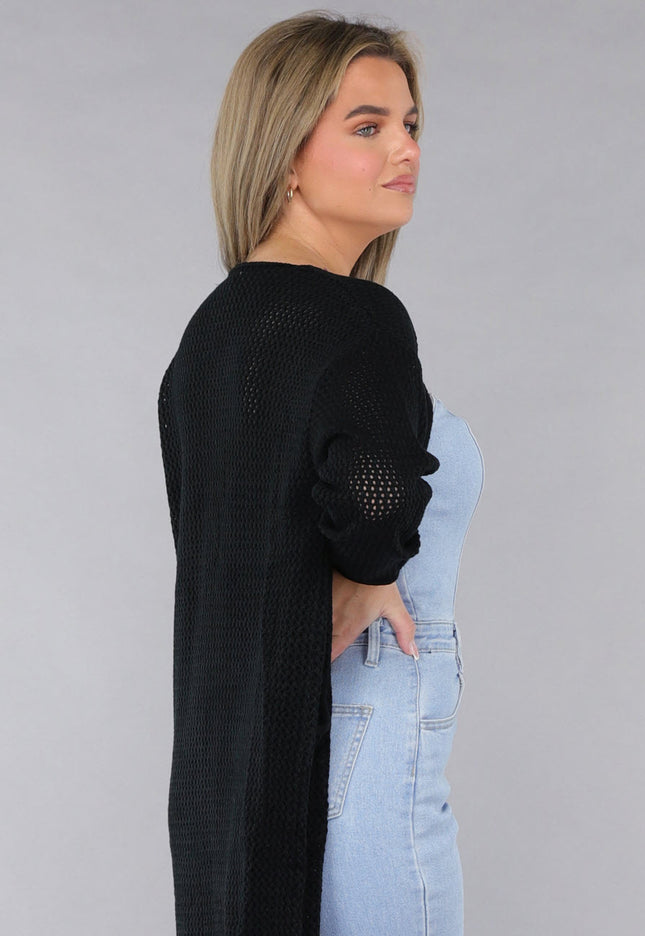 SALE30 Zwart Oversized Gebreid Vest met Grote Knopen