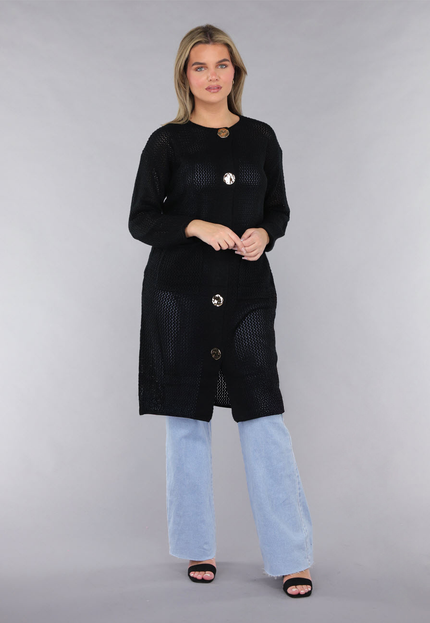 SALE30 Zwart Oversized Gebreid Vest met Grote Knopen