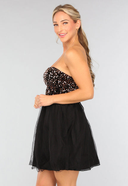 SALE30 Zwart Strapless Tule Jurkje met Pailletten