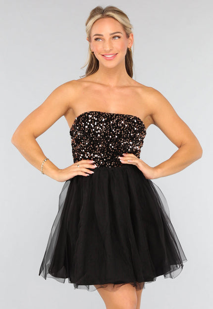 SALE30 Zwart Strapless Tule Jurkje met Pailletten