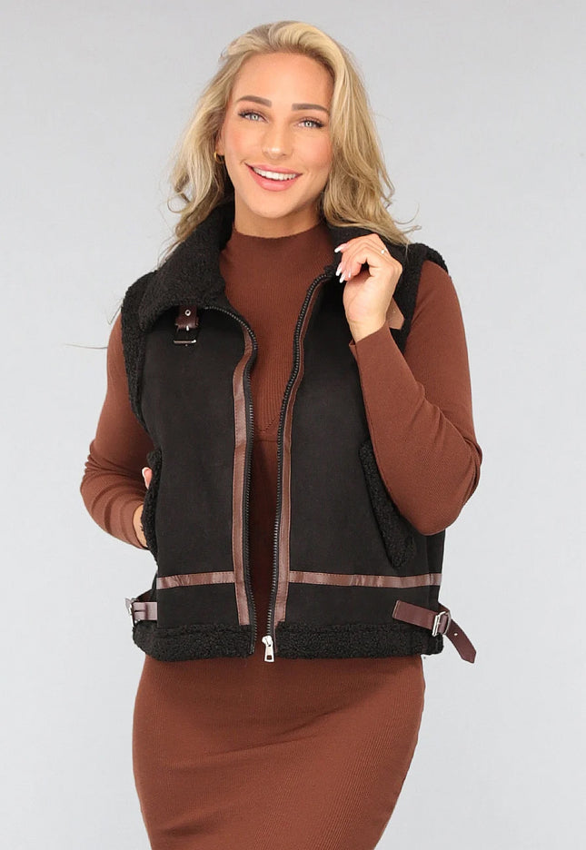 SALE30 Zwart Teddy Gilet met Gesp Details