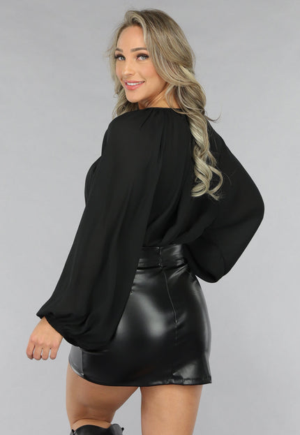 SALE30 Zwarte Chiffon Blouse met Pofmouwen